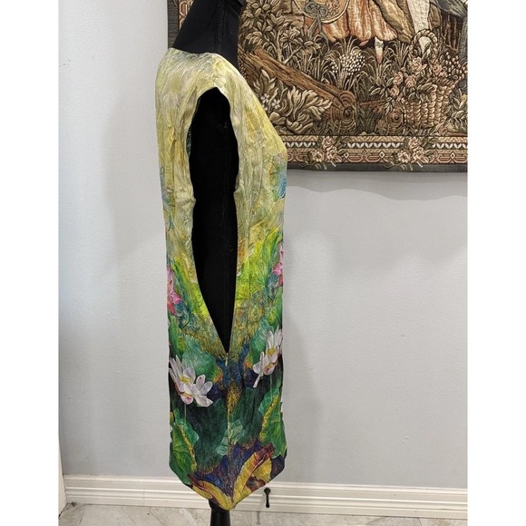 Lez‎ a Lez Silk Dress Womens Medium Multicolor Lotus Floral Sleeveless Sheath - Picture 4 of 9